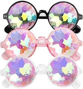 E-More Kaleidoscope Glasses, 3 Pack Festival Rave Rainbow Sunglasses, Crystal Lenses, Multicolor Fractal Prism Glasses Party Fancy Dress Costume, 3 Colors (White + Pink + Black)