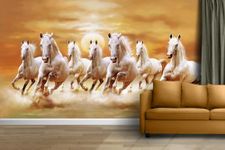 INFINITY INTERIORS 3D Wallpaper Lucky Seven Horses Running at Sunrise Hd Print Wall Painting Poster Picture Wall Sticker for Living Room, Bedroom, Home Decor, PVC Vinyl, Multicolor, Pack of 1