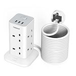 Extension Lead 10M with 3 USB Slots, TESSAN 8 Way Multi Plug Extension Socket Tower, Surge Protected Extension Cord with Switch, Long Cable Extension Plug Tower Power Strip for Home, School Supplies