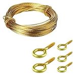 Brass Picture Hanging Wire Cable Cord 6 Meters 20pcs Eye Screw Hooks 19mm Brass Plated Hook Eye Bolts Screw-in Hooks with Wall Picture Hanger Wire Kit for Hanging Pictures Photo Frame.