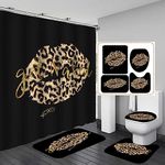 Jayden Madge 4PCS Leopard Shower Curtain Set, Brown Cheetah Print Sexy Lips Gold Glitter Funny Quotes Fashion Modern Bathroom Decor, Waterproof Fabric Black Shower Curtain, Non-slip Bath Mat, XOXO