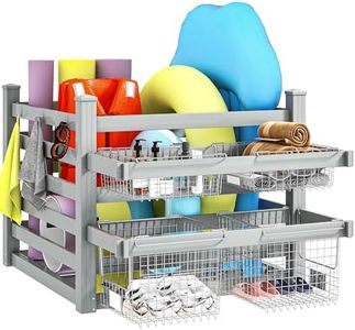 DWVO Pool Storage Organizer with 6 Adjustable Hooks, Large Pool Float Holder & Noodle Storage Rack, Outdoor Waterproof Pool Equipment Organizer for Floats, Goggles, and Beach Balls, Light Gray