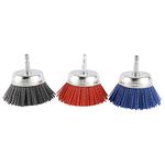 Artilife 3Pcs 3" Assorted Cup Brushes Abrasive Wire Nylon Cup Brush for Most Drill, Grit 180# 120# 150# with 1/4"/6mm Shank, Max 4500 RPM