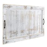 MyGift 30 Inch Shabby White Washed Solid Wood Noodle Board Stovetop Cover with Antique Brass Tone Metal Handles, Decorative Oversized Kitchen Serving Tray