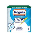 Regina Blitz Household Towels – 8 Triple Layered Rolls, 70 Sheets Per Roll, Paper Packaging, FSC Certified Paper, Recyclable Packaging, 60% Larger Than Standard Kitchen Roll Sheets
