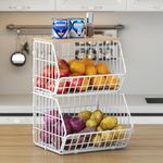 Wetheny 2 Tier Stackable Wall Mounted Wire Basket Fruit Basket with Wood Lid - Kitchen Pantry Organization and Storage, Hanging Storage Basket for fruits, Onion, Potato, Produce, Vegetable (White)