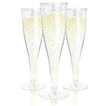 Plastic Champagne Flutes Disposable - 100 Pack | Silver Glitter Plastic Champagne Glasses for Parties | Plastic Toasting Glasses | Mimosa Glasses |New Years Eve Party Supplies 2023