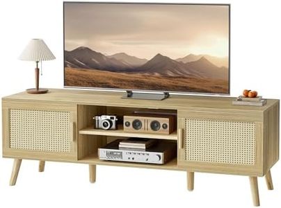 SUPERJARE Boho TV Stand for 65 Inch TV, Entertainment Center with Adjustable Shelf, Rattan TV Console with 2 Cabinets, Media Console, Solid Wood Feet, 4 Cord Holes, for Living Room - Natural