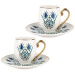 KARACA Iznik Set of 2 Coffee Cups 90 cc, Small Porcelain Espresso Cups and Saucers, Turkish Coffee Cup, Set of 2 Demitasse Cups 3 oz Ounce for Specialty Coffee Drinks, Single/Double Espresso Set