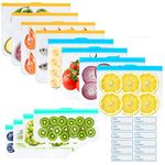 Exllena Reusable Silicone Freezer Bags + Freezer Labels, Reusable Food Bags BPA Free, Eco-Friendly and Leakproof Ziplock Bags with Triple Zip Closures-12 Packs