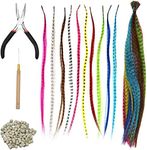 50 Pieces Feather Hair Extension Set, Synthetic Hair Strands, Coloured Hair Extensions, Clip Feather Extensions, Highlights, Colourful Straight Hairpiece with 100 Silicone Rings, Pliers and Hooks