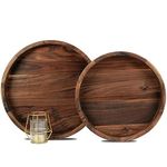 MAGIGO Set of 2 Large Round Black Walnut Wood Ottoman Tray with Handles, Serve Tea, Coffee, Classic Wooden Decorative Serving Tray, 14 &12 inches