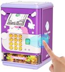 AIQI Piggy Bank Toy Electronic Mini ATM Savings Machine with Personal Password & Fingerprint Unlocking Simulation - Music Box with Songs for Kids, Boys and Girls Age 3-8 Years (Purple)