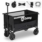 Sekey Folding Wagon with 220LBS Large Capacity,Heavy Duty Beach Wagon Cart on Big All-terrain Wheels,Collapsible Trolley Cart with Adjustable Handle & Drink Holders.Black