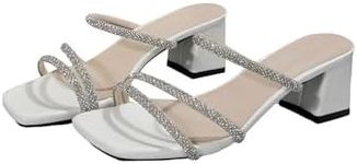 SHENHE Women's Rhinestone Mule Open Toe Chunky Mid Heeled Casual Sandals White 6