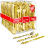 300 Pcs Gold Plastic Silverware Set- 100 Gold Forks, 100 Gold Spoons, 100 Gold Knives, Heavy Duty Disposable Utensils, Heavyweight Cutlery, Elegant Flatware for Dinner Party, Wedding, Holiday Parties