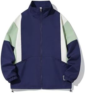 GURUNVANI Patchwork Jacket Mens Full Zip Windbreaker Vintage Varsity Jacket, NavyBlue, XX-Large