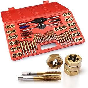 KPKL 60 PC Tap and Die Set（titanium layer/Hexagonal Plate Teeth）- Include SAE Inch Size #4 to 1/2” and Metric Size M3 to M12, Coarse and Fine Threads | Essential Threading Rethreading Tool Kit