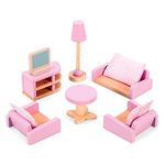 SOKA Wooden Pink Living Room Playset Pretend Play Doll House Furniture Set Realistic Miniature Display Model Figures Sofa TV Couch Television for Children Kids Girls Ages 3 year old +