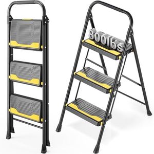 Urackify 3 Step Ladder, Heavy-Duty 150kg Capacity, Wide Anti-Slip Steps & Secure Handrail Compact, Folding Step Stool Portable Design for Home, Kitchen, Office, Pantry, Closet Use, Black