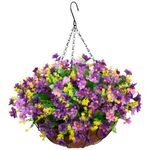 Homsunny Artificial Hanging Flowers in Basket Outdoor Indoor Patio Lawn Garden Decor, Hanging Daisy Basket with 12inch Coconut Lining Chain Flowerpot (Dark Purple)