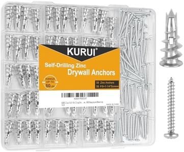 KURUI #6 Zinc Self-Drilling Drywall Anchors, 116PCs Hollow Metal Wall Anchors and Screws Kit, 58 Heavy Duty Sheetrock Anchors + 58#6 x 1-1/4'' Screws, 50LB Hanging and Mounting