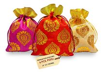 SATVIK Ambi Potli Big Size Designer Potli, Dry Fruit Diwali Gift Packaging Bag Handmade Premium Fabric With Random Design Indian Housewarming Return Gift Items Bulk (Set Of 6),Multi