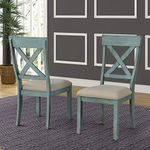 Roundhill Furniture Prato Two-Tone Wood Cross Back Upholstered Dining Chairs, Set of 2, Blue and Tan