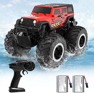 ACAMMZAR Voiture Télécommandée Tout Terrain Amphibie, 2.4GHz 4WD 360° Rotation étanche Double Côté Monster Truck pour Garçons Off-Road RC Voiture avec 2 Piles 4 5 6 7 8 Enfants Filles Cadeaux, Rouge