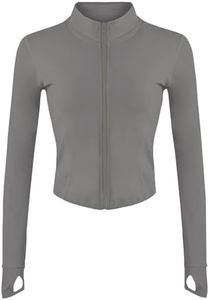 Lviefent Womens Lightweight Full Zip Running Track BBL Jacket Workout Slim Fit Yoga Sportwear with Thumb Holes (Grey, Large)