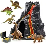 Prextex Lava Painted Volcano House with Hidden Door and 5 Dinosaur Figures with Treasure Box, Dinosaur Toys for Kids