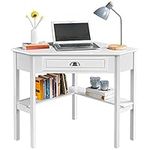 Yaheetech Modern L Shaped Corner Computer Desk, Office Work Desk Triangle Dressing Table for Small Spaces, Laptop Working Table with Storage Drawer & Shelves for Home Office, (106×71.5×76.5)cm, White