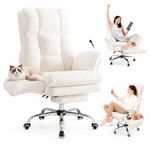 Big and Tall Office Chair, Ergonomic Executive Desk Chair with Foot Rest, Wide Seat Cross Legged Chair, High Back Reclining Home Office Chair, Teddy Fleece Computer Chair with Flip-Up Armrests, Beige