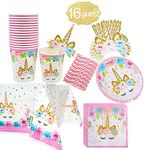 Unicorn Themed Party Supplies Set,Unicorn Cake Plates,Cups,Napkins,Tablecloth,Straws&Decoration,Paper Disposable Tableware Set for Girls Children Birthday Party or First,Baby Shower, Serves 16 Guests