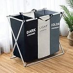 Yagosodee Laundry Basket Foldable, Clothes Baskets Sorter Hamper Bag Folding 3 Sections Laundry Bag Dirty Clothes Basket with Aluminum Frame for Home Bathroom Bedroom, Black + Beige + Grey