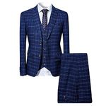 Cloudstyle Mens 3 Piece Slim fit Checked Suit Blue/Black Single Breasted Vintage Suits