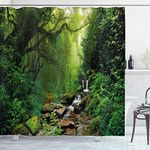 ABAKUHAUS Nature Shower Curtain, Woods Idyllic Forest Greenland Dreamy Mystic Fresh Tropical View, Cloth Fabric Bathroom Decor Set with Hooks, 78 Inches, Emerald Hunter Green