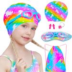 Kids Swim Caps for Girls, Silicone Swimming Cap for Kids Children, Waterproof Swimming and Bathing Caps for Girls with Ear Plugs & Nose Clip & Swimming Goggles and Swim Bag