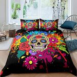 Homewish Gothic Watercolor Tie Dye Comforter Cover Kid Colorful Sugar Skull Bedding Set Rose Flower Duvet Cover For Child Youth Girly Decorations 3 Pcs With 2 Pillow Cases Soft Comfortable King Size