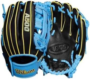 Wilson A500 10.5" Infield Youth Baseball Glove - Right Hand Throw, Black/Cool Blue/Yellow