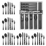 49-Piece Black Silverware Set with Organizer, Stainless Steel Flatware Set with Steak Knives for 8, AIKKIL Cutlery Set for Home Restaurant, Food-Grade Knives Forks and Spoons Silverware Set