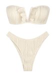 ZAFUL Women V-Wired Ruffle Ribbed Bandeau Bikini, Lace Up Bikinis Strapless Two Pieces Swimsuit, 5-beige, Small