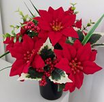 Red Poinsettia Holly & Pine - Christmas Grave Flowers - Grave Pot Cemetery Vase - Grave Flower Pot - Artificial Flowers For Graves - Floral Decorations With Polystyrene Berries - New Improved Design