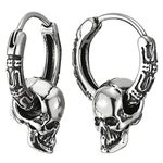 Mens Womens Stainless Steel Vintage Circle Huggie Hinged Hoop Earrings Dangle with Skulls, 2pcs(CA)