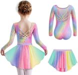 Zaclotre Toddler Dance Leotards with Chiffon Skirt Sparkly Rainbow Leotard for Girls Long Sleeve Dance Dress Set 10-11 Years