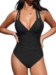 CUPSHE Women One Piece Swimsuit Deep V Neck Tummy Control Double Straps,L Black