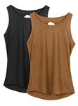 icyzone Yoga Tops Activewear Workout Clothes Open Back Fitness Racerback Tank Tops for Women (M, Black/Golden Brown)