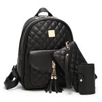 Women Leather Backpack Purse Girl School Backpack Black Daypack 3 Pcs Set