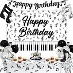 Music Theme Birthday Party Decorations, Music Happy Birthday Banner Backdrop Music Note Tablecloth Foil Balloon Black White Silver Balloons for Kids Adults Music Birthday Decorations