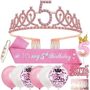 SWPEED 5 Cumpleaños Corona Banda 5 Años Decoración Cumpleaños, Oro Rosa Corona Cumpleaños Sash Globos Velas de 5º Cumpleaños 5 Años Primero de la Torta para 5 Cumpleaños Niña Decoracion 5 Cumpleaños